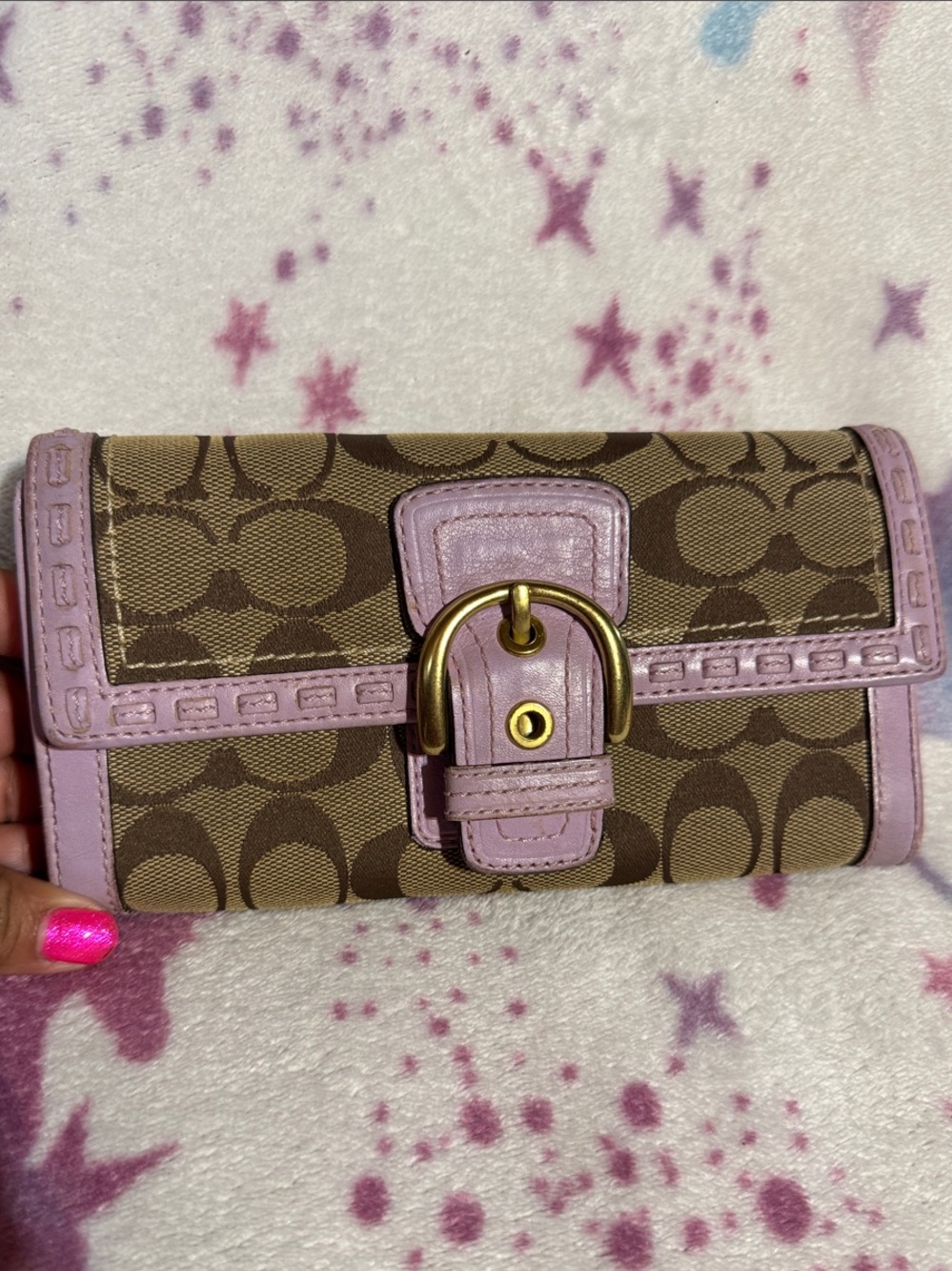 Coach SoHo Buckled Brown Signature Canvas Wallet with Purple Leather Trim